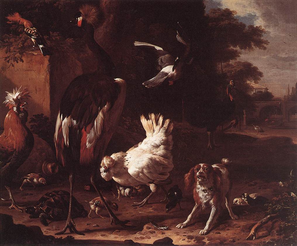 HONDECOETER, Melchior d Birds and a Spaniel in a Garden sf
